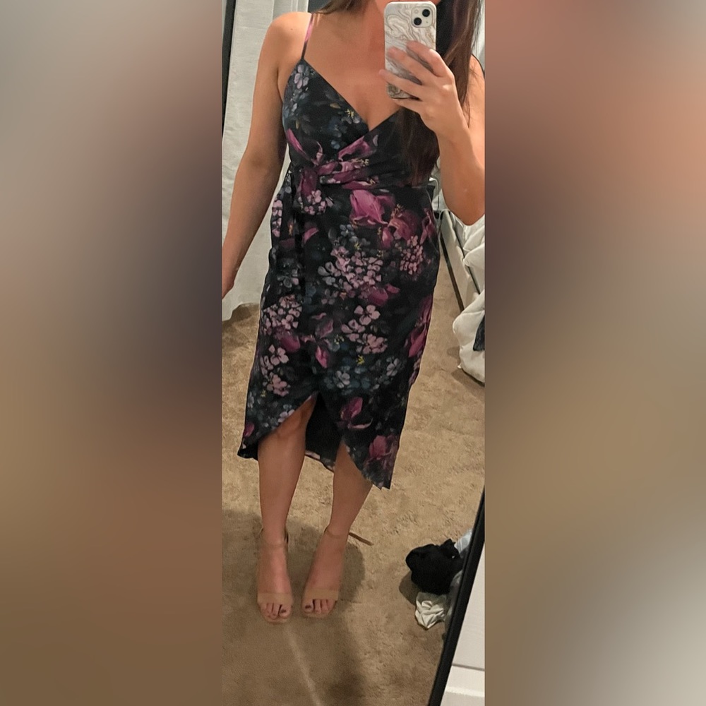 Express Satin Faux Wrap Print Dress